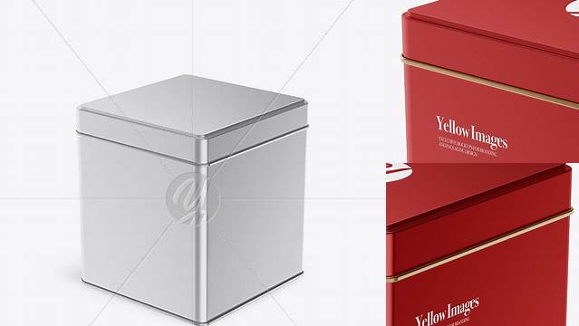 1593+ Matte Metallic Square Tin Box PSD Mockup Half Side View High-Angle Shot High-End PSD Download