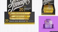 1607+ 20 Metallic Snack Bars Display Box PSD Mockup Front View Advanced Photoshop Template