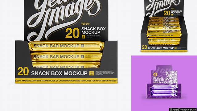 1607+ 20 Metallic Snack Bars Display Box PSD Mockup Front View Advanced Photoshop Template