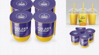 1619+ Glossy Plastic 4 Pack Juice Cup PSD Mockup Front View High-Angle High-Resolution Editable PSD