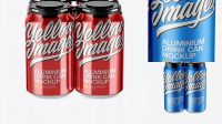 1639+ Pack with 4 Metallic Cans with Plastic Holder PSD Mockup Front View High-Angle Shot Elegant and Versatile PSD Resource