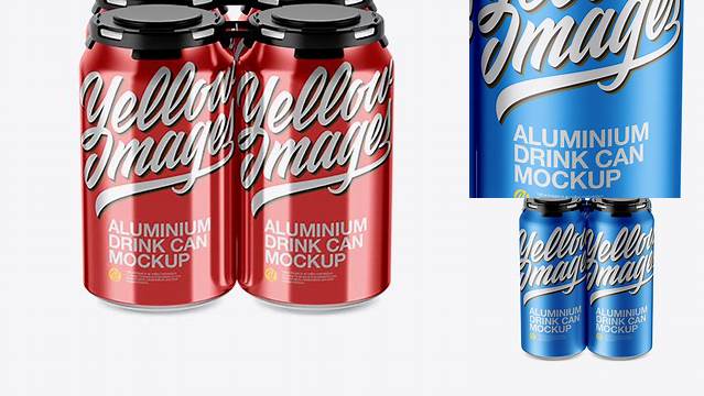 1639+ Pack with 4 Metallic Cans with Plastic Holder PSD Mockup Front View High-Angle Shot Elegant and Versatile PSD Resource