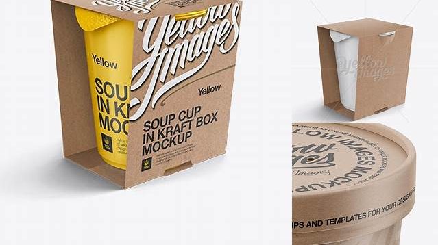 1639+ Soup Cup in Kraft Box PSD Mockup / Front 3/4 View High-Angle Shot Fully Layered Photoshop Freebie