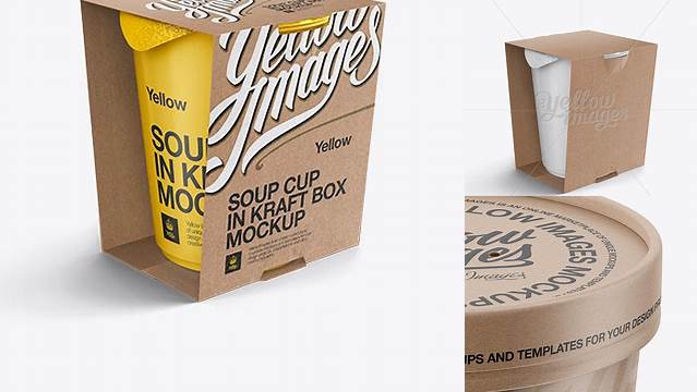 1639+ Soup Cup in Kraft Box PSD Mockup / Front 3/4 View High-Angle Shot Fully Layered Photoshop Freebie