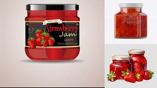 1645+ Glass Strawberry Jam Jar PSD Mockup Halfside View Editable Graphic Design Files