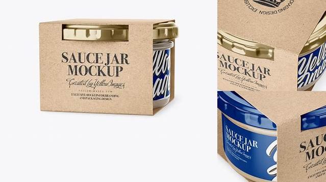 1655+ Clear Glass Cesar Sauce Jar in Kraft Paperboard Sleeve PSD Mockup Elegant PSD Mockup