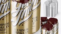 1659+ Pack with 4 Metallic Aluminium Cans with Plastic Holder Halfside View High-Angle Shot Free Premium Photoshop Template Download