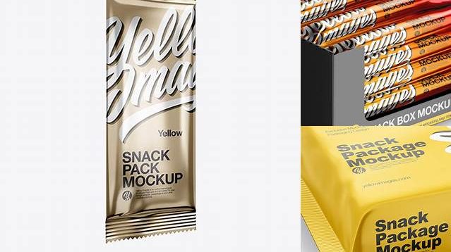 1667+ Metallic Snack Pack PSD Mockup Half Side View High Angle Shot Modern and Unique Freebie PSD