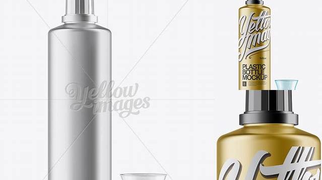 1677+ Metallic Plastic Bottle With Open Measuring Cap PSD Mockup Customizable Photoshop Template