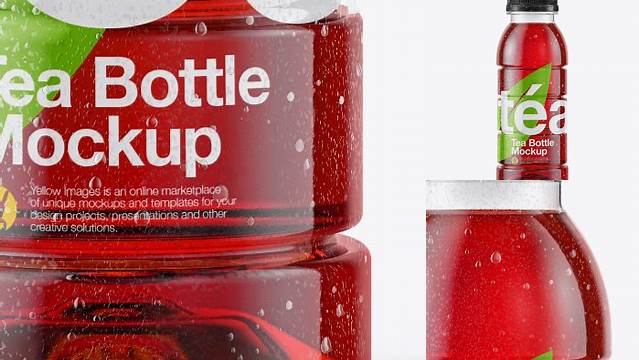 1680+ 10oz Tea Bottle in Shrink Sleeve with Condensation PSD Mockup Front View High-Angle Shot Free PSD for Creatives