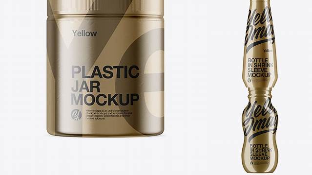 1688+ Plastic Jar in Metallic Shrink Sleeve PSD Mockup Exclusive Free Creative Mockup File