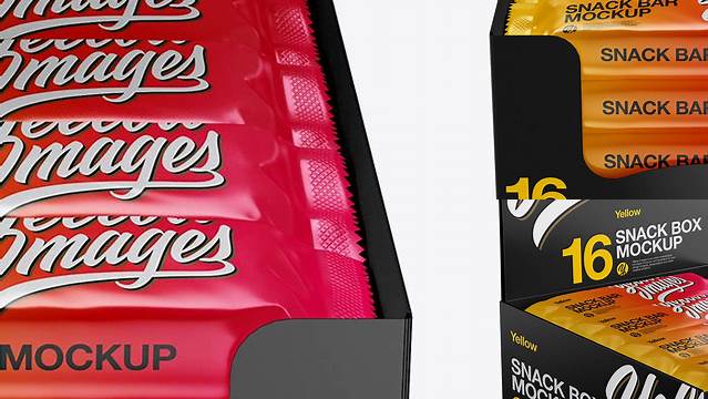 1701+ 16 Snack Bars Glossy Display Box PSD Mockup Half Side View High-Angle Shot Elegant Photoshop Mockup