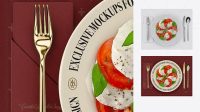 1705+ Plate with Caprese Salad and Cutlery PSD Mockup Top View Elegant Photoshop Mockup