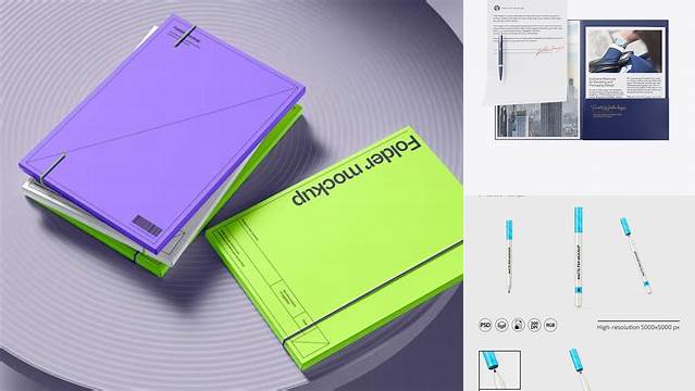 1711+ Matte Folder with Papers and Pen PSD Mockup Unique High-Resolution Photoshop Mockup