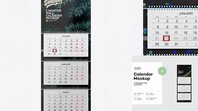 1715+ Textured 3 Months Wall Calendar PSD Mockup Front View Editable Design PSD File