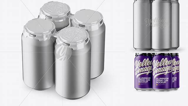 1720+ Pack with 4 Matte Aluminium Cans with Plastic Holder Half Side View Downloadable PSD Design Template