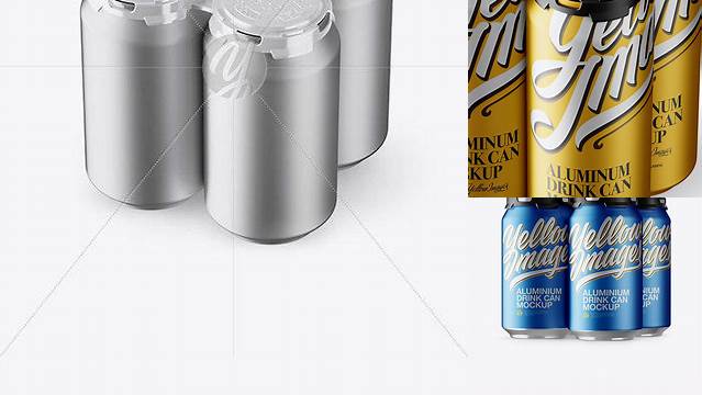 1741+ Pack with 4 Matte Metallic Aluminium Cans with Plastic Holder PSD Mockup Smart Object PSD Template