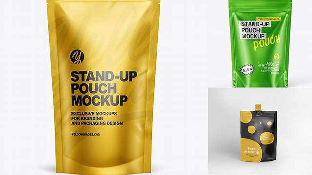 1742+ Metallic Stand Up Pouch PSD Mockup Front View Creative Photoshop Resources