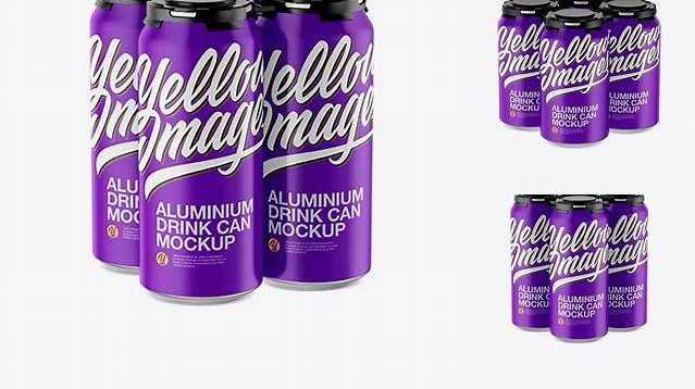 1744+ Pack with 4 Matte Cans with Plastic Holder PSD Mockup Half Side View High-Angle Shot Fully Layered PSD Freebie