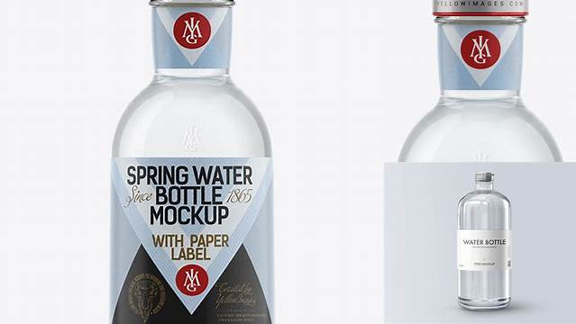 1784+ Clear Glass Spring Water Bottle with Paper Label PSD Mockup Fully Customizable Photoshop Freebie