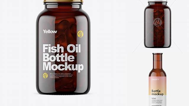 1787+ Dark Amber Glass Fish Oil Bottle PSD Mockup Versatile Photoshop Freebie