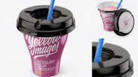 1820+ 260g Yogurt Cup With Straw PSD Mockup Half Side View Free Creative Design