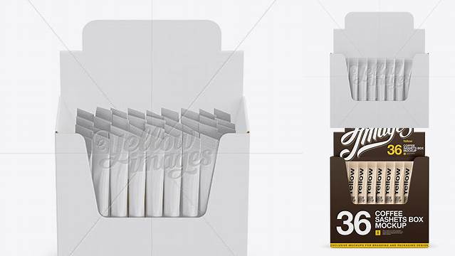 1856+ 36x Sachets Open Box PSD Mockup Front View High Angle Shot Smart Layer PSD