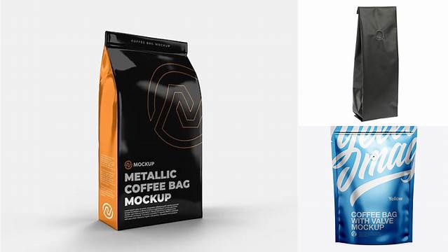 1860+ Metallic Coffee Bag With Valve PSD Mockup Front View High-Resolution Graphic