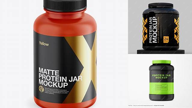 1871+ Matte Plastic Protein Jar PSD Mockup Front View High-Angle Shot Fully Editable PSD Template