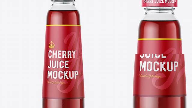 1875+ 300ml Clear Glass Bottle with Cherry Juice PSD Mockup Smart Object Free Photoshop File