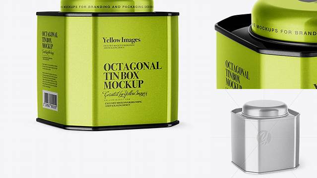 1883+ Metallic Octagonal Tin Box PSD Mockup Half Side View PSD Free Download