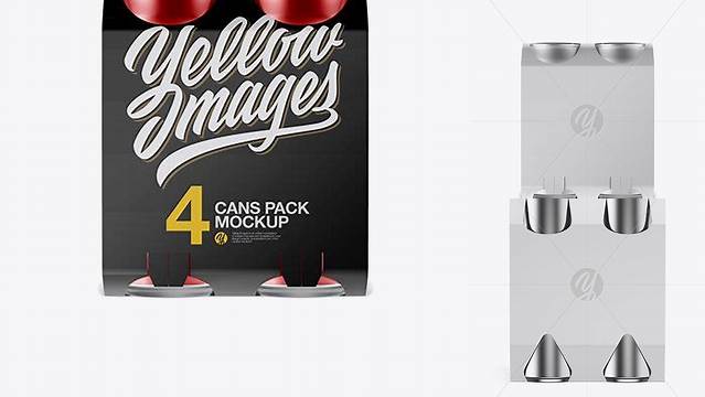 1885+ Carton Carrier with 4 Metallic Cans PSD Mockup Front View Elegant and Stylish Mockup