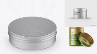 1913+ Matte Metal Round Tin Box PSD Mockup Front View High-Angle Shot Layered PSD File Free Download