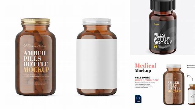 1928+ Amber Pills Bottle PSD Mockup Front View High-Angle Shot Versatile PSD Mockup File