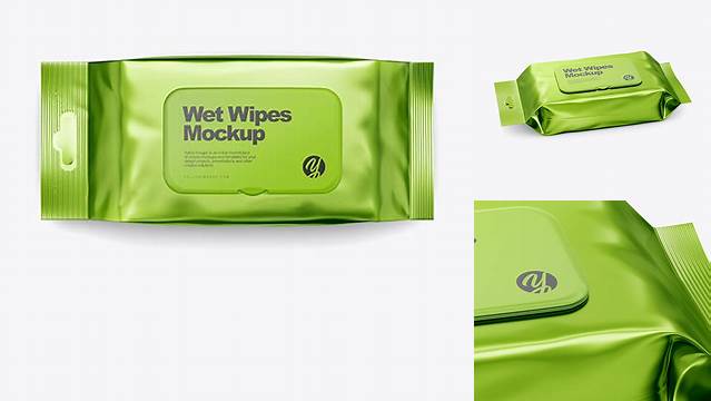 1963+ Metallic Wet Wipes Pack with Plastic Cap PSD Mockup Half SIde View High Angle Shot Fully Layered Photoshop Freebie