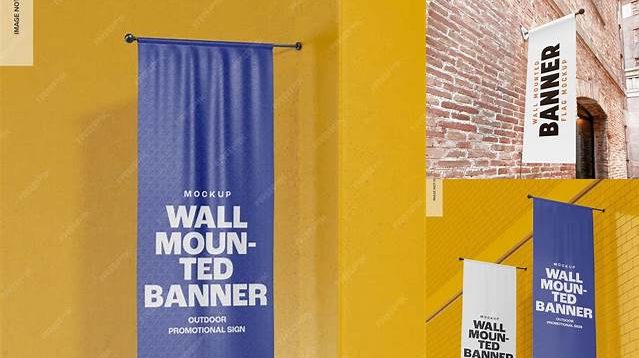 1968+ Wall Mounted Banner PSD Mockup Half-Side View Customizable Layered Design PSD