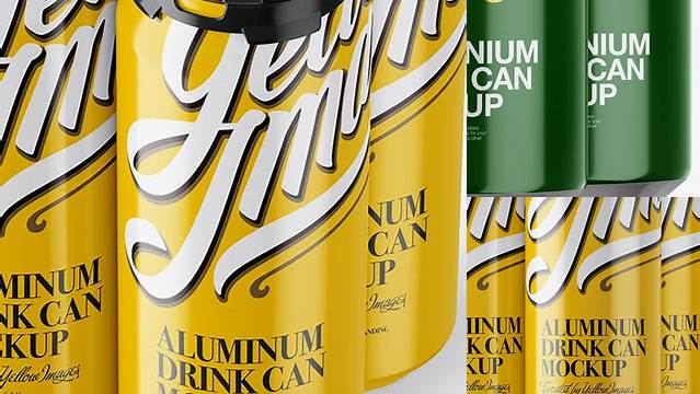 1971+ Pack with 4 Glossy Aluminium Cans with Plastic Holder PSD Mockup Half Side View High-Angle Shot Stylish Free PSD