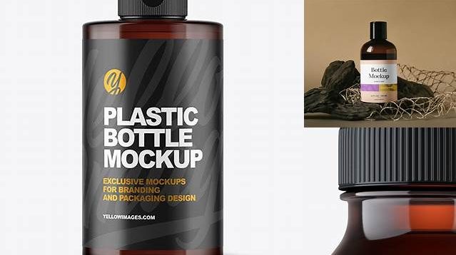 1972+ Amber Plastic Bottle With Drink PSD Mockup Front View Professional Quality PSD Freebie