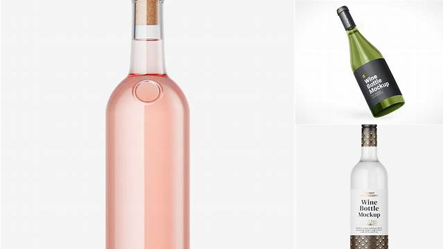 1992+ Clear Glass Bottle With Pink Wine PSD Mockup Front View Free Photoshop Mockup Design