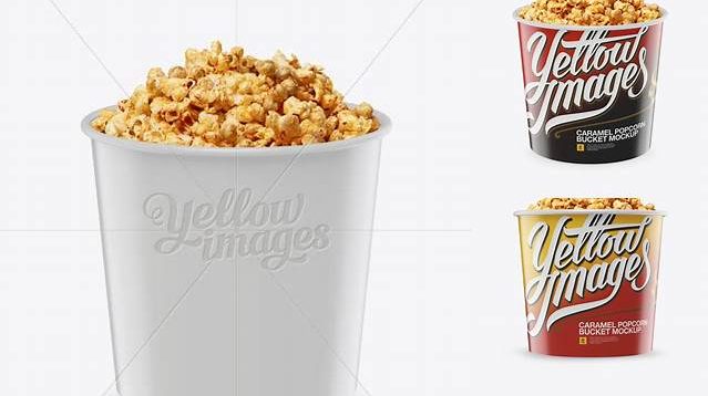 1992+ Large Glossy Caramel Popcorn Bucket PSD Mockup High-Angle Shot Easy-to-Use PSD Template