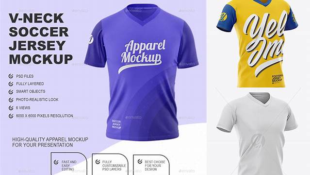 2002+ Men’s V-neck Football Jersey PSD Mockup Half-Side View Premium Mockup Freebie