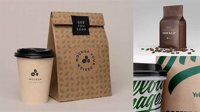 2004+ Matte Bag with Kraft Coffee Cup PSD Mockup Half Side View Free PSD for Creatives