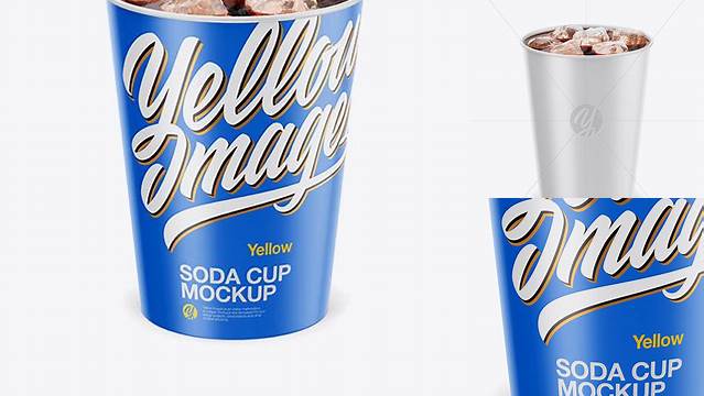 2007+ Matte Soda Cup With Ice PSD Mockup Front View High-Angle Shot Layered Photoshop Template