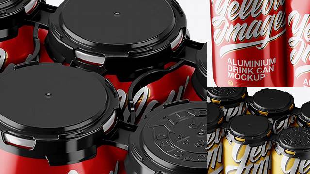 2007+ Pack with 6 Metallic Aluminium Cans with Plastic Holder PSD Mockup High-Resolution Editable PSD