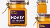 2018+ 100ml Glass Pure Honey Jar with Clamp Lid PSD Mockup Half Side View High-Angle Shot Exclusive Free Creative Mockup File