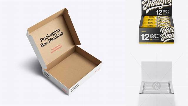 2024+ 12 Snacks Opened Box PSD Mockup Front View Modern Free PSD Template