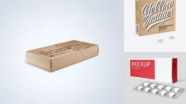 2030+ Kraft Box with Pills PSD Mockup Half Side View Free Design Resource