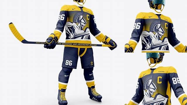 2034+ Men’s Full Ice Hockey Kit with Stick PSD Mockup Hero Shot Editable Graphic Free PSD