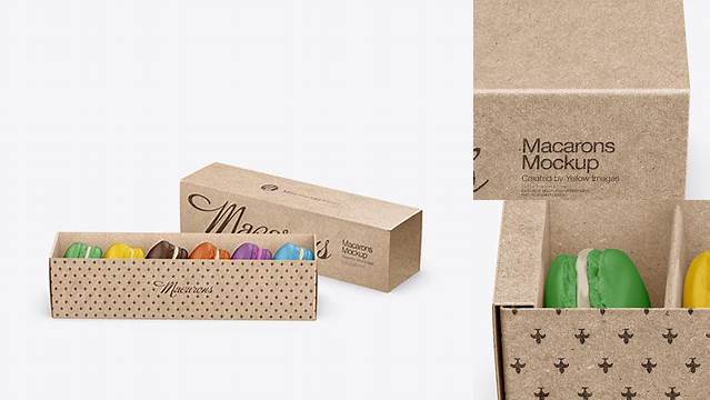 2042+ Opened Kraft Paper Box With Macarons PSD Mockup High-Angle Shot Smart Object Free Photoshop File