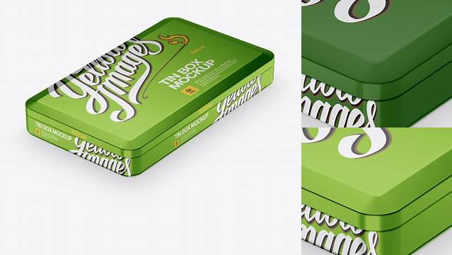 2045+ Tin Box PSD Mockup Halfside View High-Angle Shot Customizable PSD Templates